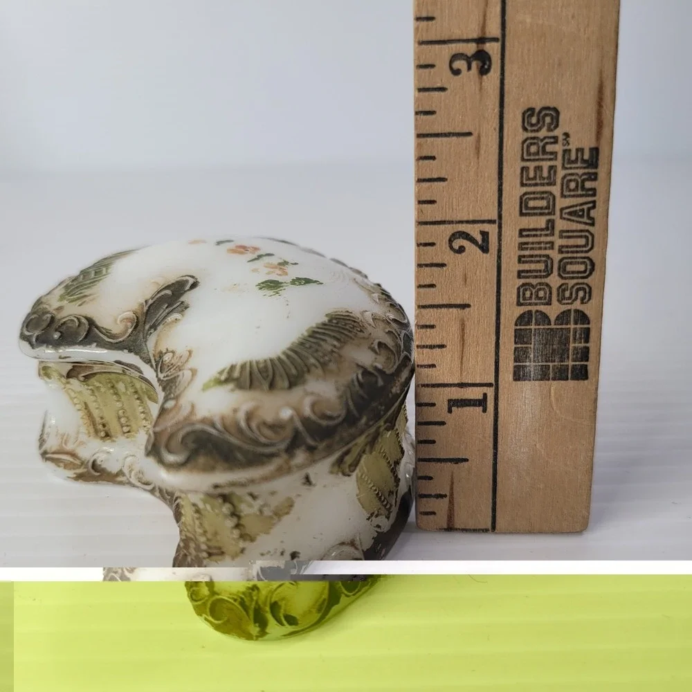 Antique Milk Glass Hand Painted Paisley Shaped Trinket Box w/ Lid RARE